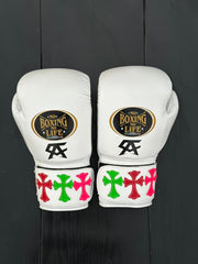 no boxing no life white chrome heart style boxing gloves back view high quality velcro boxing gloves