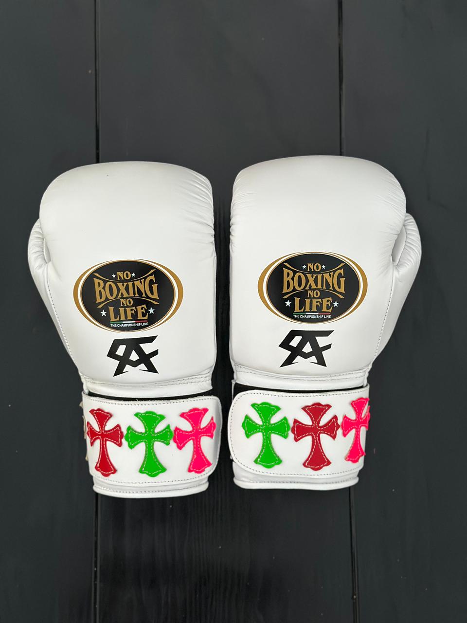 no boxing no life white chrome heart style boxing gloves back view high quality velcro boxing gloves