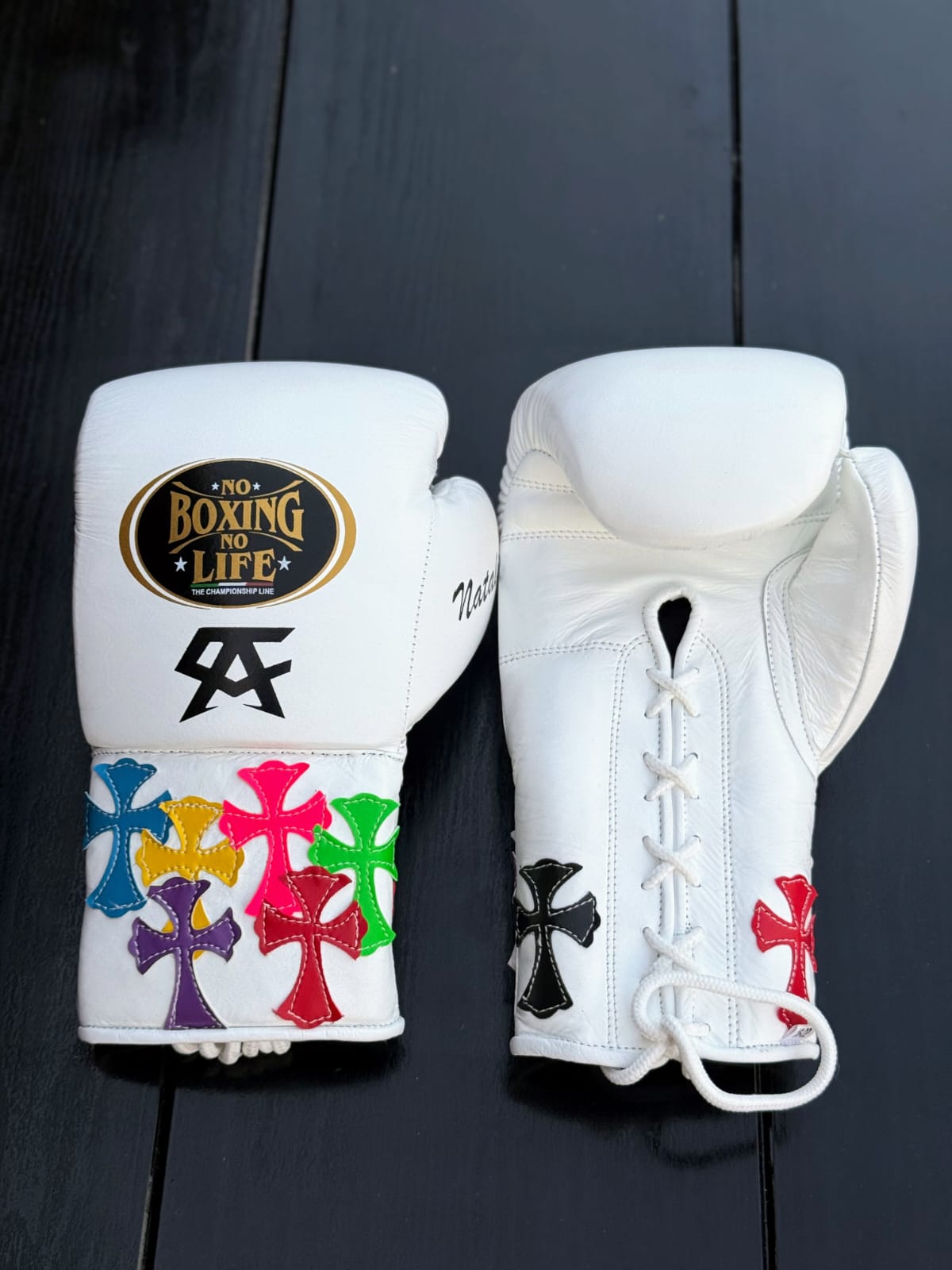 Np Boxing No Life boxing gloves white chrome heart style back and front view premium leather professional training gloves