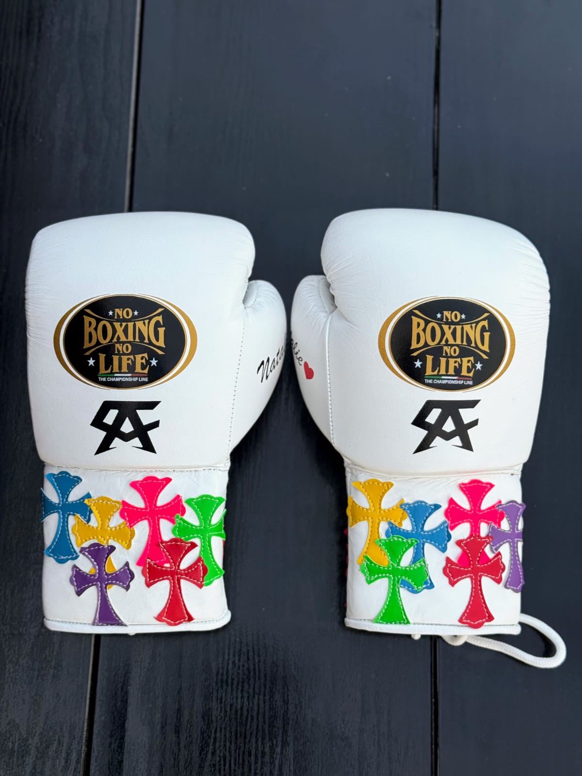 Np Boxing No Life boxing gloves white chrome heart style back view premium leather professional training gloves
