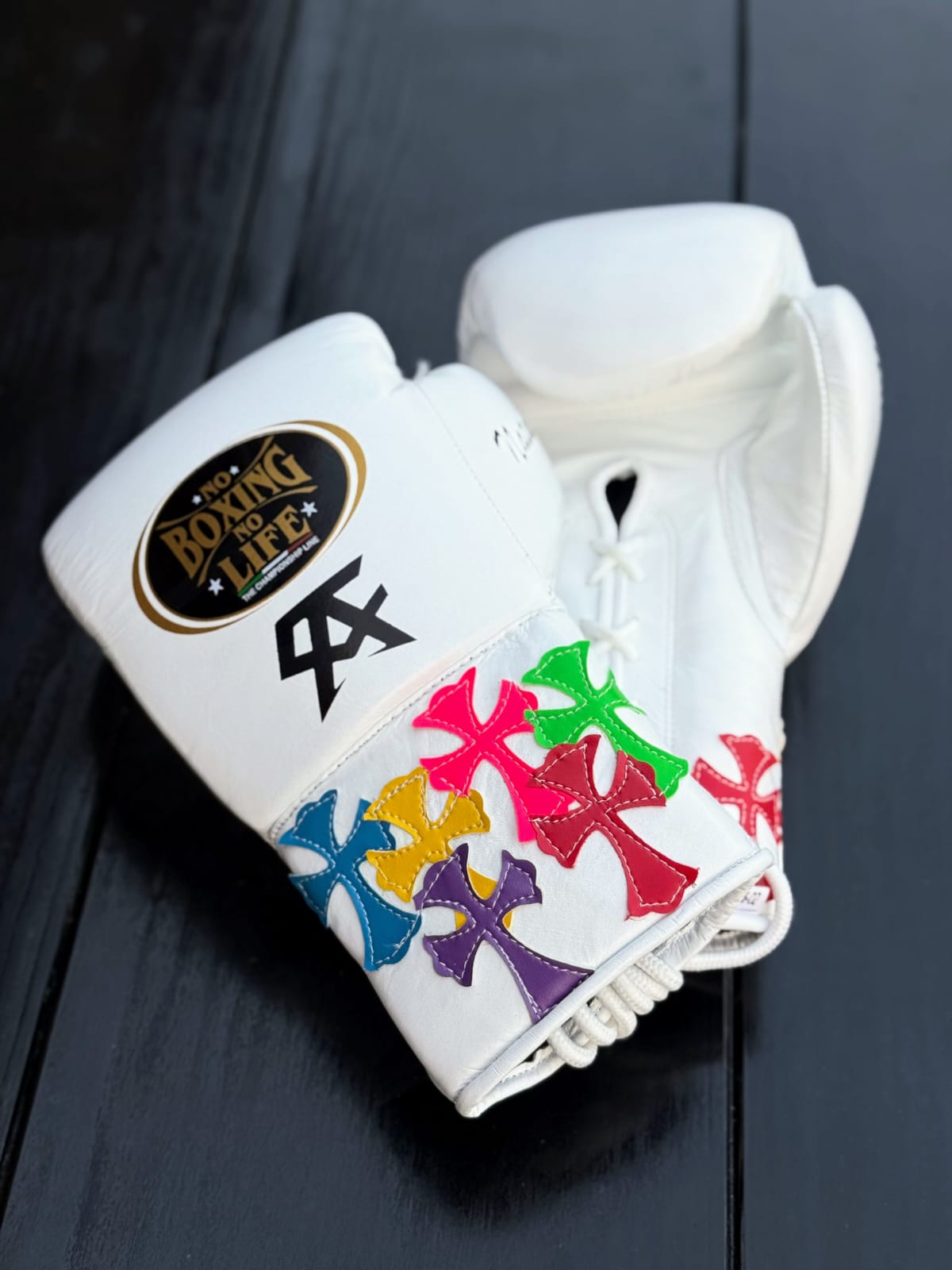 Np Boxing No Life boxing gloves white chrome heart style front back view premium leather professional training gloves