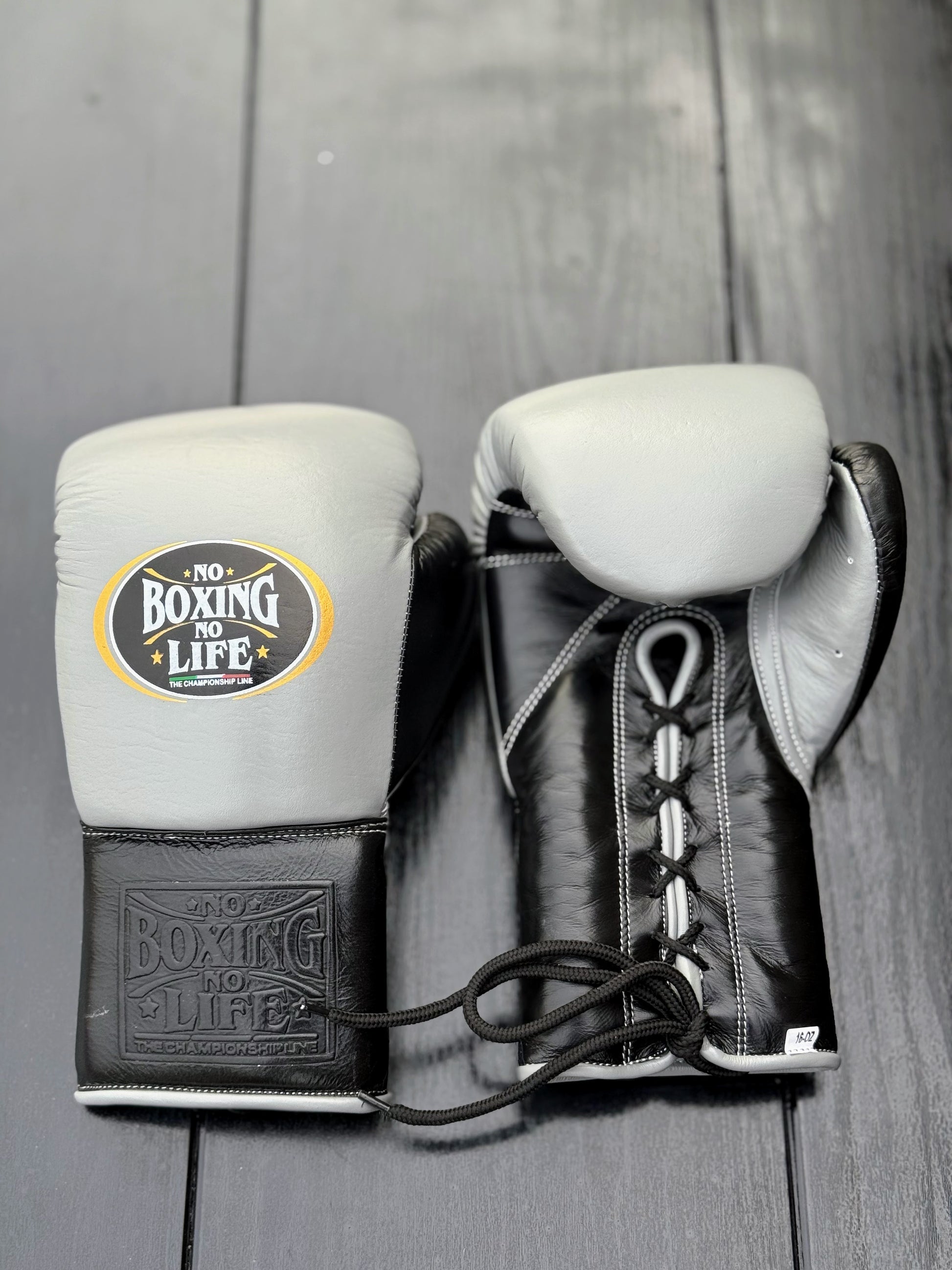 no boxing no life grey/black boxing gloves lace up front back view high quality sparring gloves