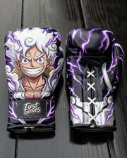 Custom boxing gloves featuring Monkey D. Luffy in One Piece Gear 5 form with white hair, intense expression, and vibrant purple lightning aura on a black background, with "Fiest Gloves" branded on the wrist cuff.