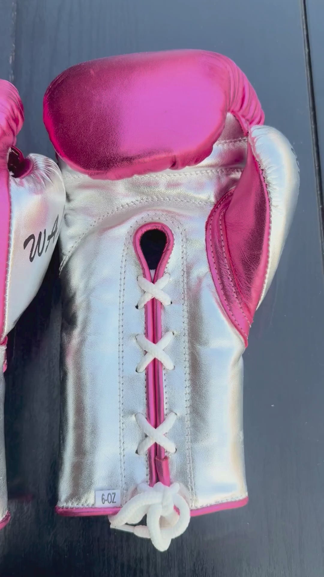 Load video: No Boxing No Life Gloves Pink/Silver Leather Gloves