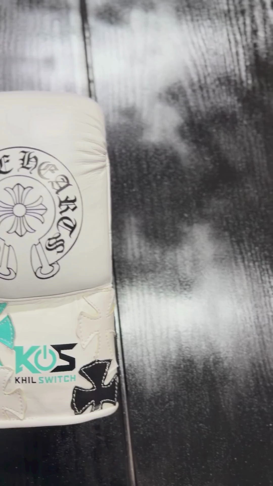 Load video: Winning Boxing Gloves White/Black/Teal Chrome Heart Style Custom