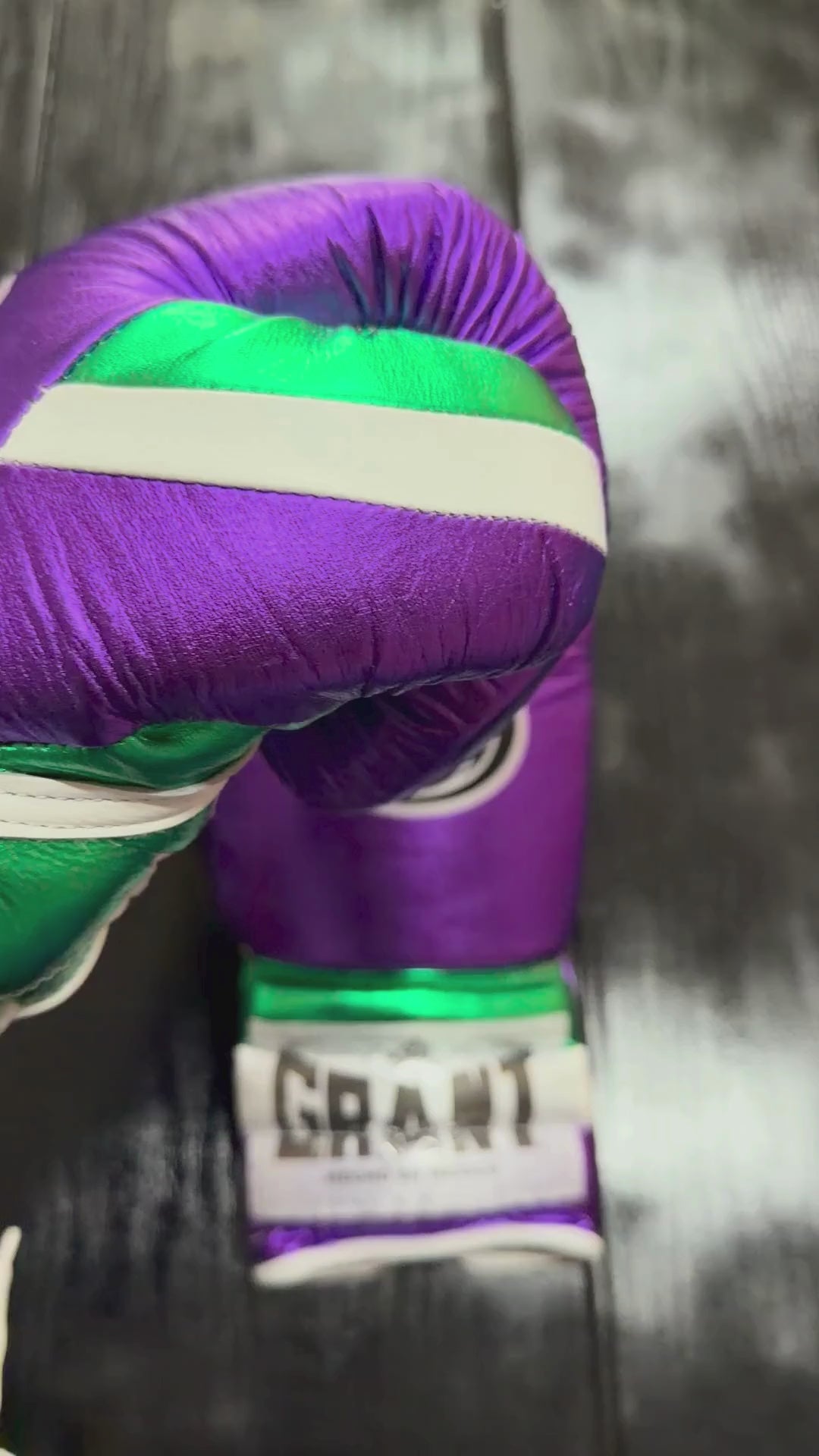 Load video: Grant Boxing Gloves Purple/Green/White Leather