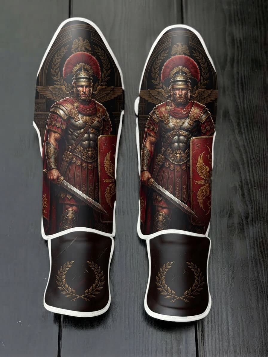 Custom Roman centurion design with red plumed helmet, scale armor, gladius sword, shield with golden eagle wings, and laurel wreath emblem soccer shin guards displayed on a dark surface.