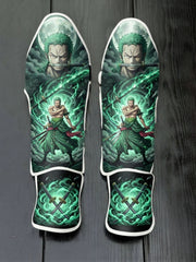 Custom Roronoa Zoro anime design with glowing green aura, moonlit background, and crossed swords soccer shin guards displayed on a dark surface.