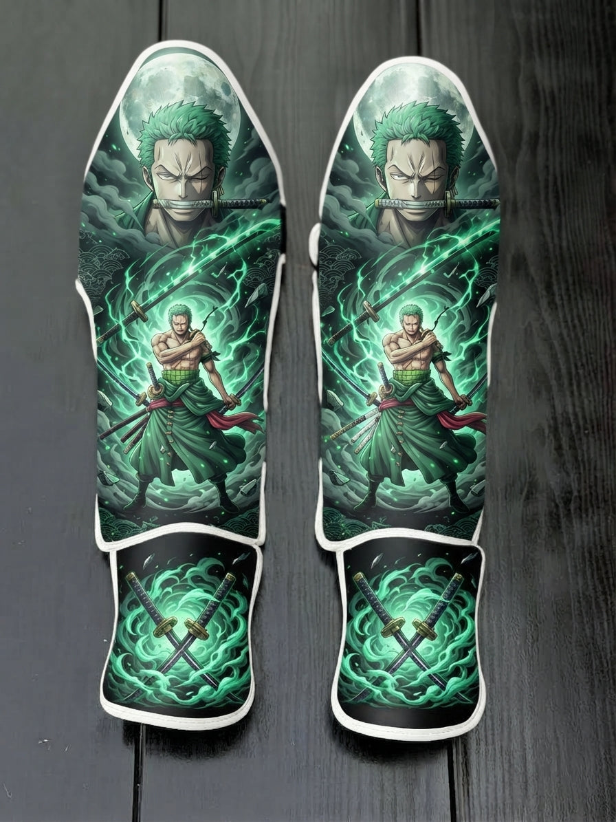Custom Roronoa Zoro anime design with glowing green aura, moonlit background, and crossed swords soccer shin guards displayed on a dark surface.