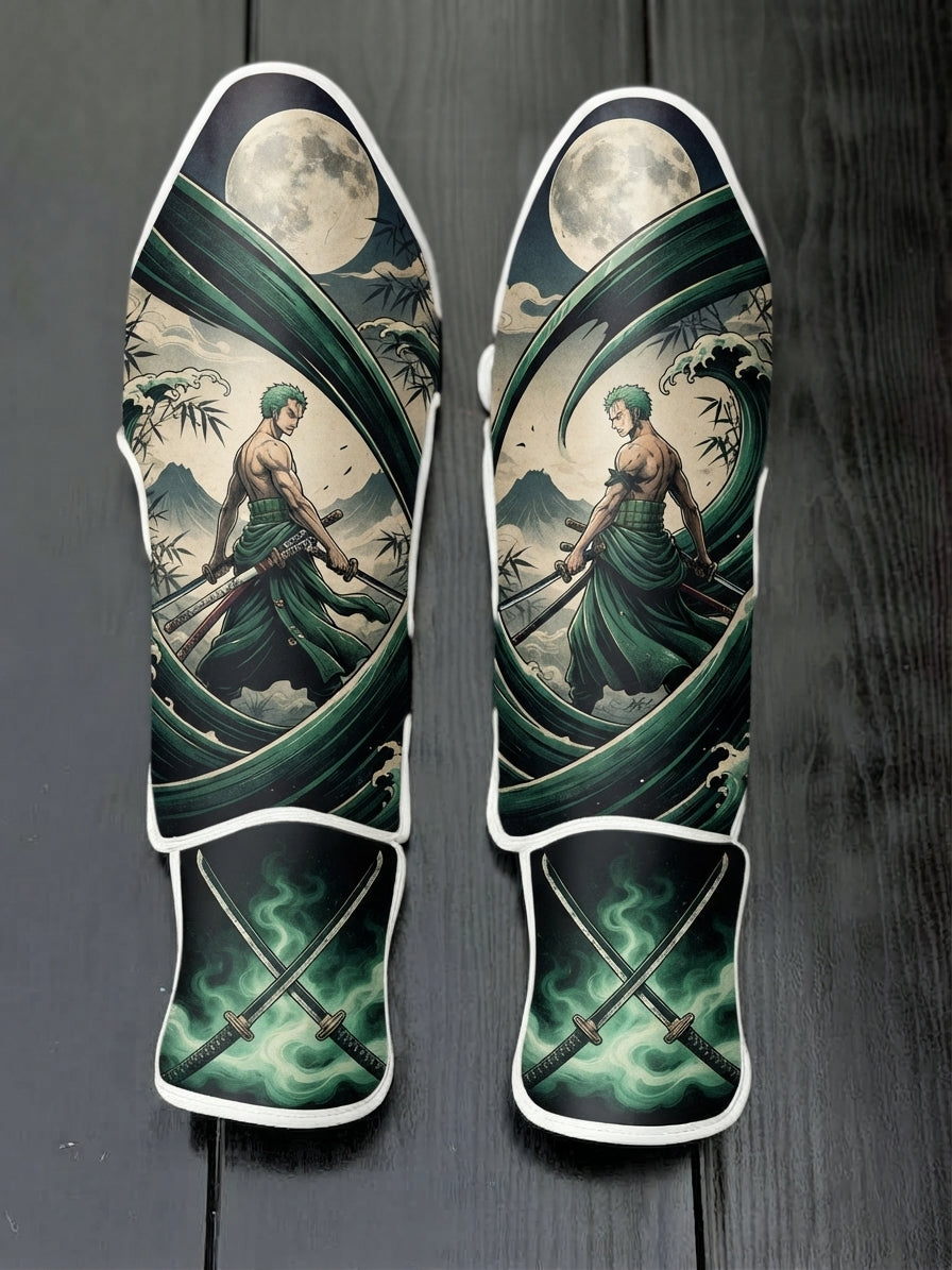 Custom Roronoa Zoro samurai anime design with three swords and moonlit background soccer shin guards displayed on a dark surface.