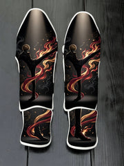 Custom Sanji Vinsmoke Diable Jambe flaming kick anime design soccer shin guards displayed on a dark surface.