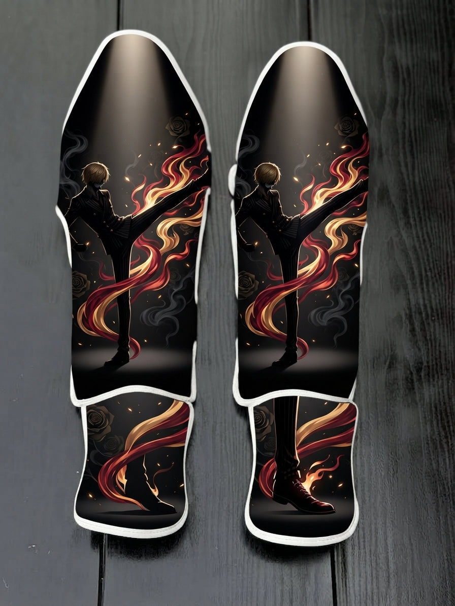 Custom Sanji Vinsmoke Diable Jambe flaming kick anime design soccer shin guards displayed on a dark surface.