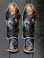 Custom Sanji Vinsmoke Ifrit Jambe blue and orange flames anime design soccer shin guards displayed on a dark surface.