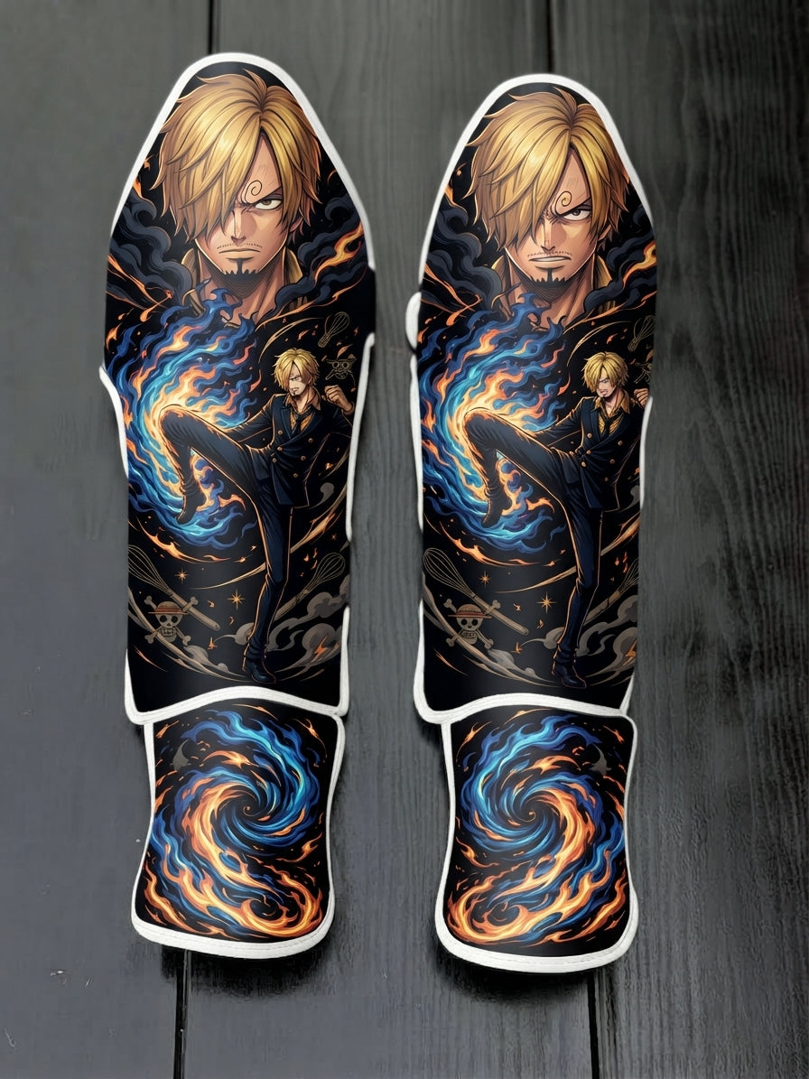 Custom Sanji Vinsmoke Ifrit Jambe blue and orange flames anime design soccer shin guards displayed on a dark surface.