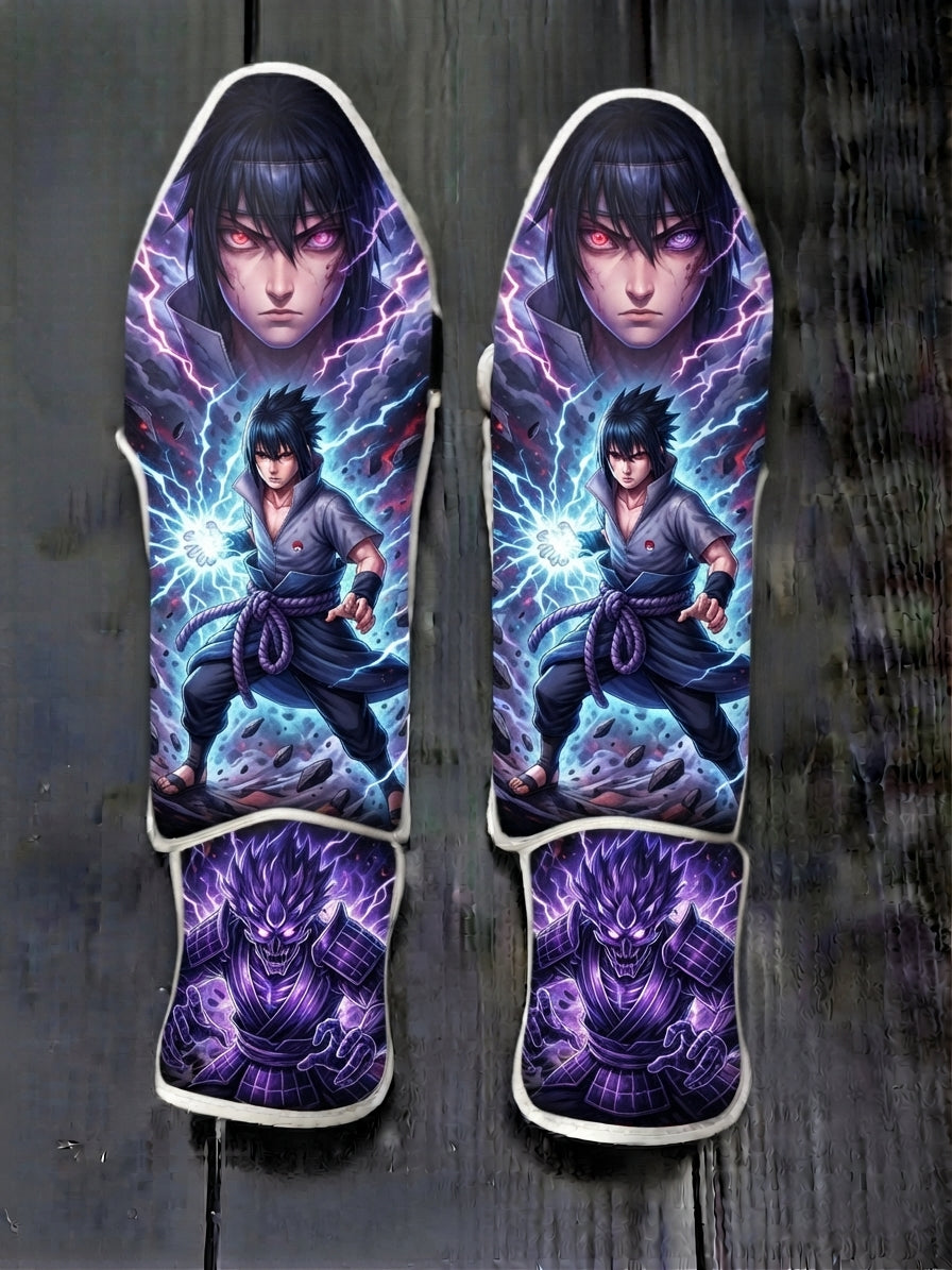 Custom Sasuke Uchiha with Sharingan, Rinnegan, and purple Susanoo anime design soccer shin guards displayed on a dark surface.