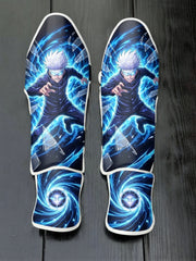 Custom Satoru Gojo anime design with blindfold, blue infinity vortex, and glowing energy soccer shin guards displayed on a dark surface.