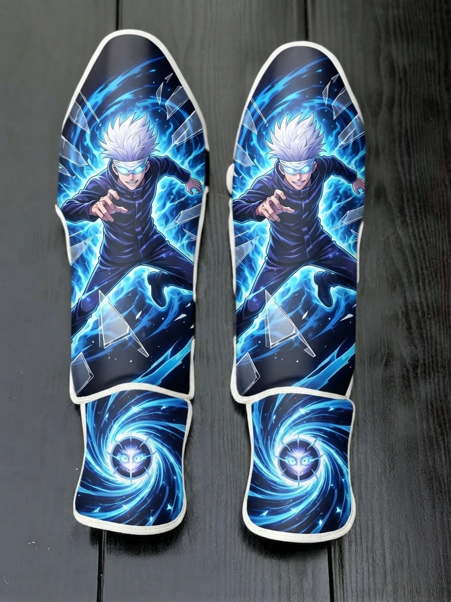 Custom Satoru Gojo anime design with blindfold, blue infinity vortex, and glowing energy soccer shin guards displayed on a dark surface.