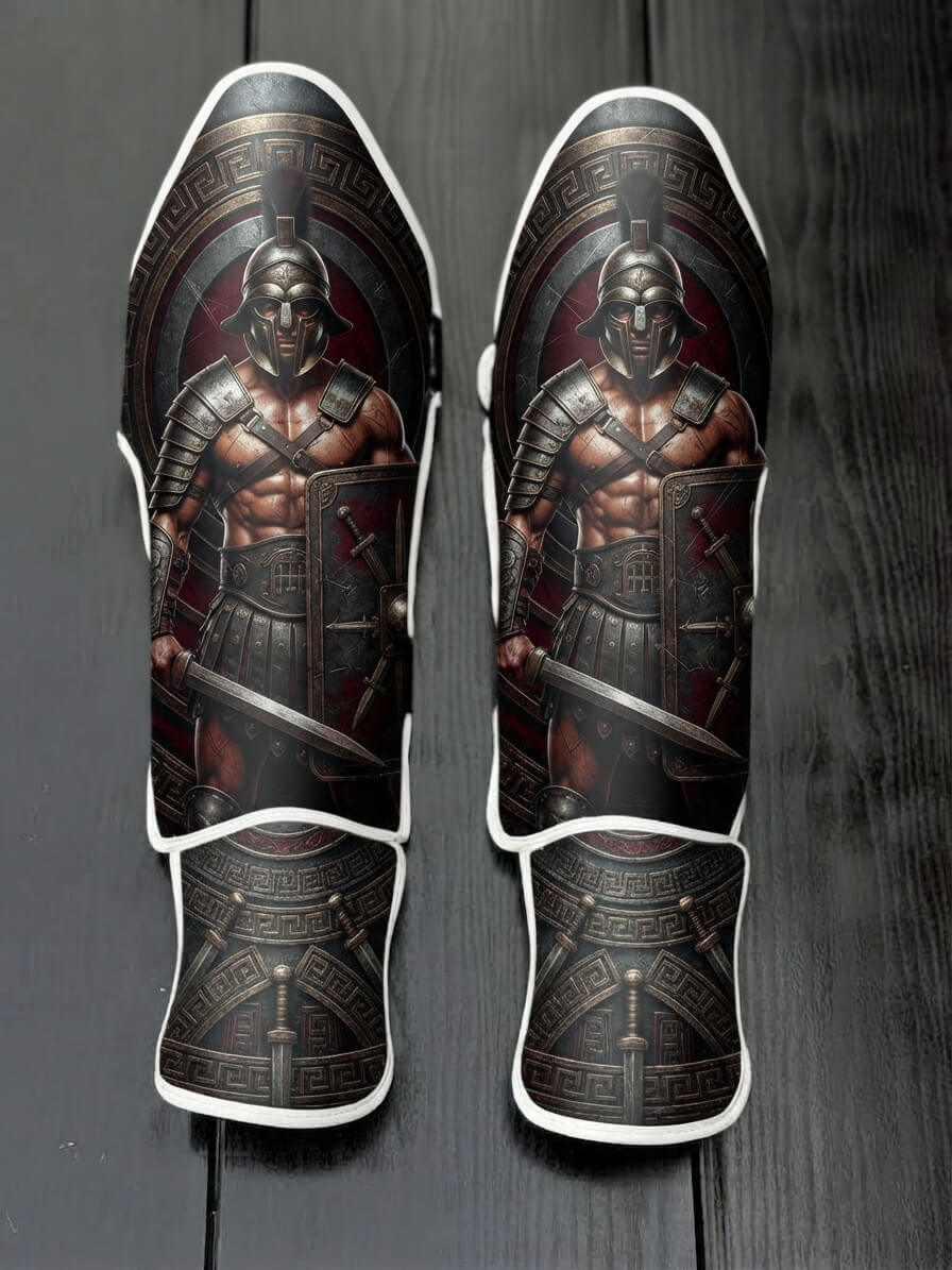 Custom Spartan warrior design with Corinthian helmet, muscular physique, sword, shield with Greek key pattern border, and tactical armor soccer shin guards displayed on a dark surface.