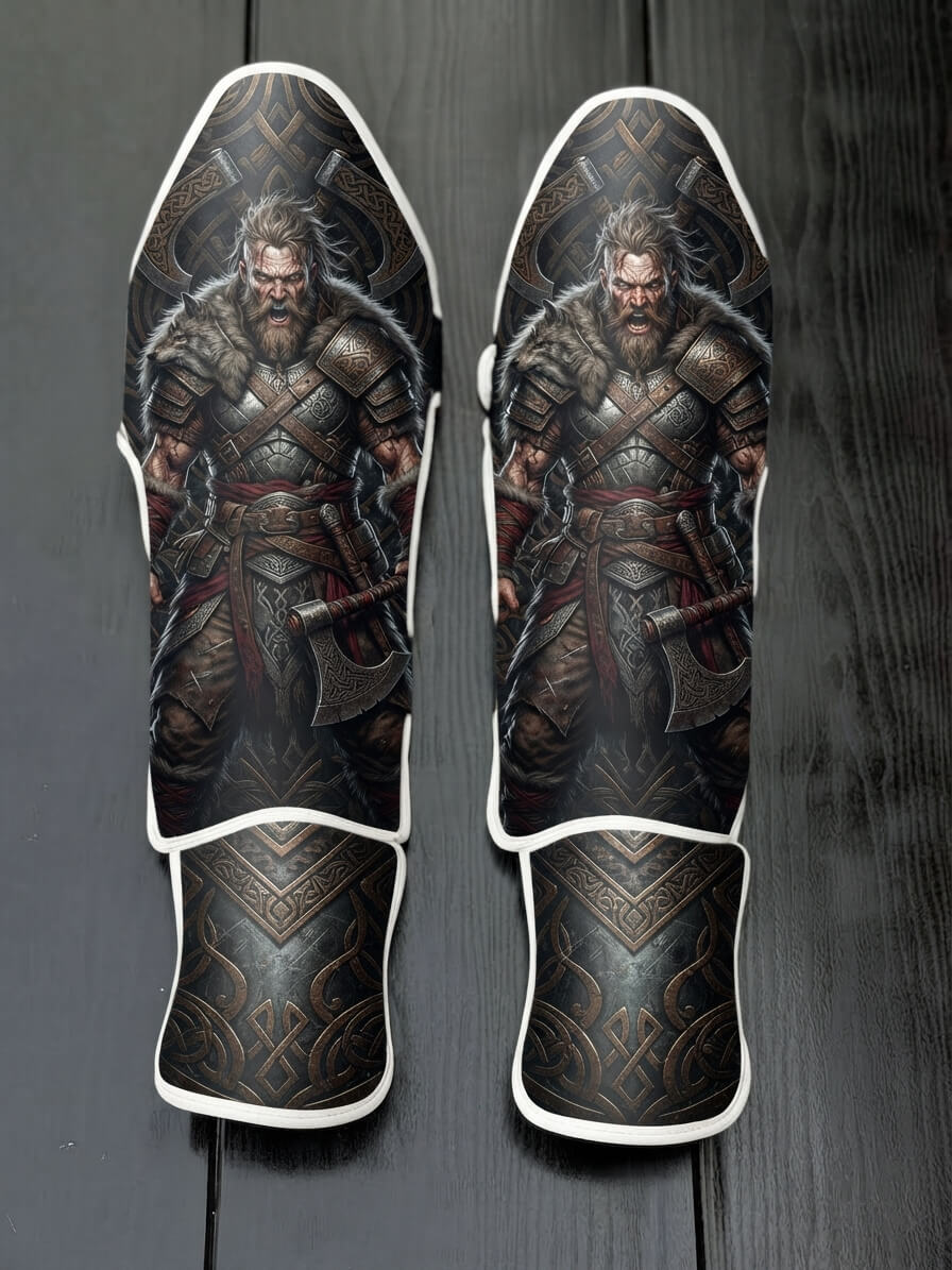 Custom Viking warrior design with fur mantle, roaring expression, axes, intricate Norse runic patterns, and dark metallic background soccer shin guards displayed on a dark surface.