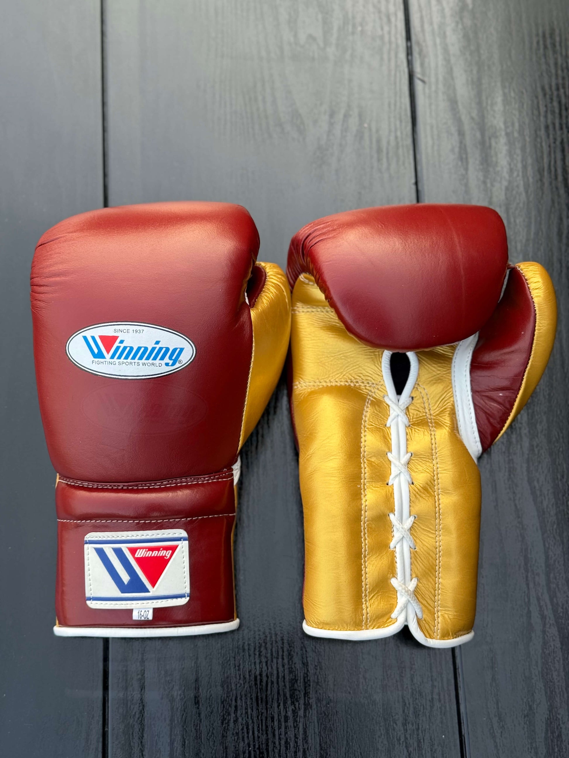 winning boxing gloves maroon/gold back and front view premium leather fight gear