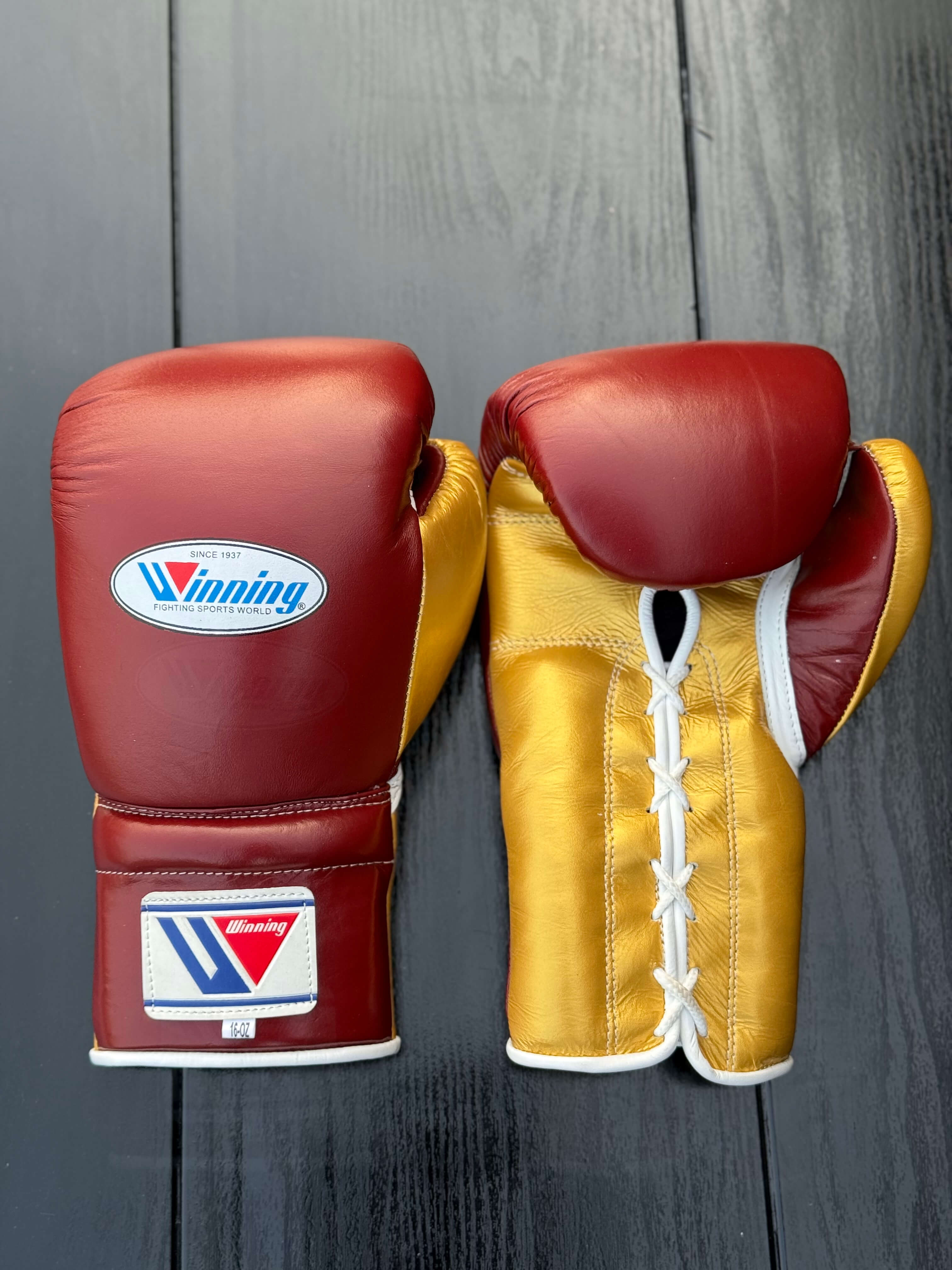 winning boxing gloves maroon/gold back and front view premium leather fight gear