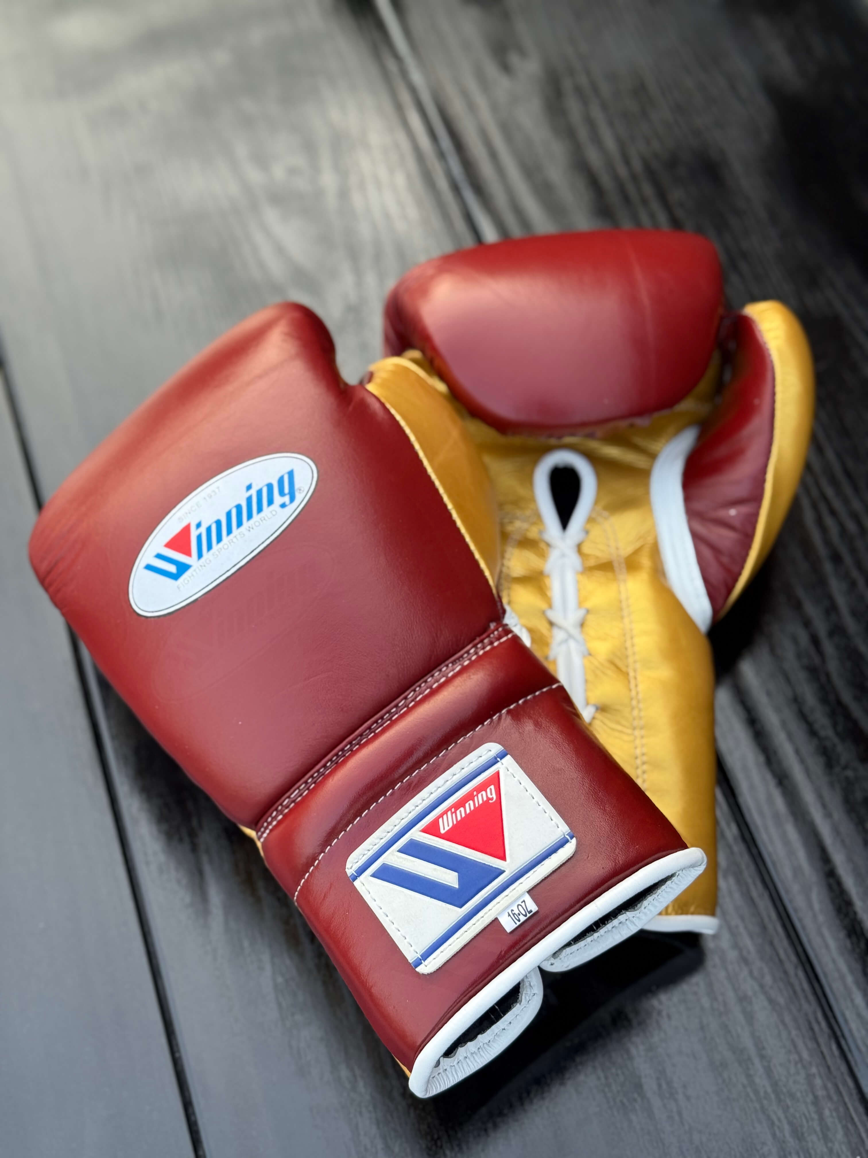 winning boxing gloves maroon/gold back thumb and front view premium leather fight gear