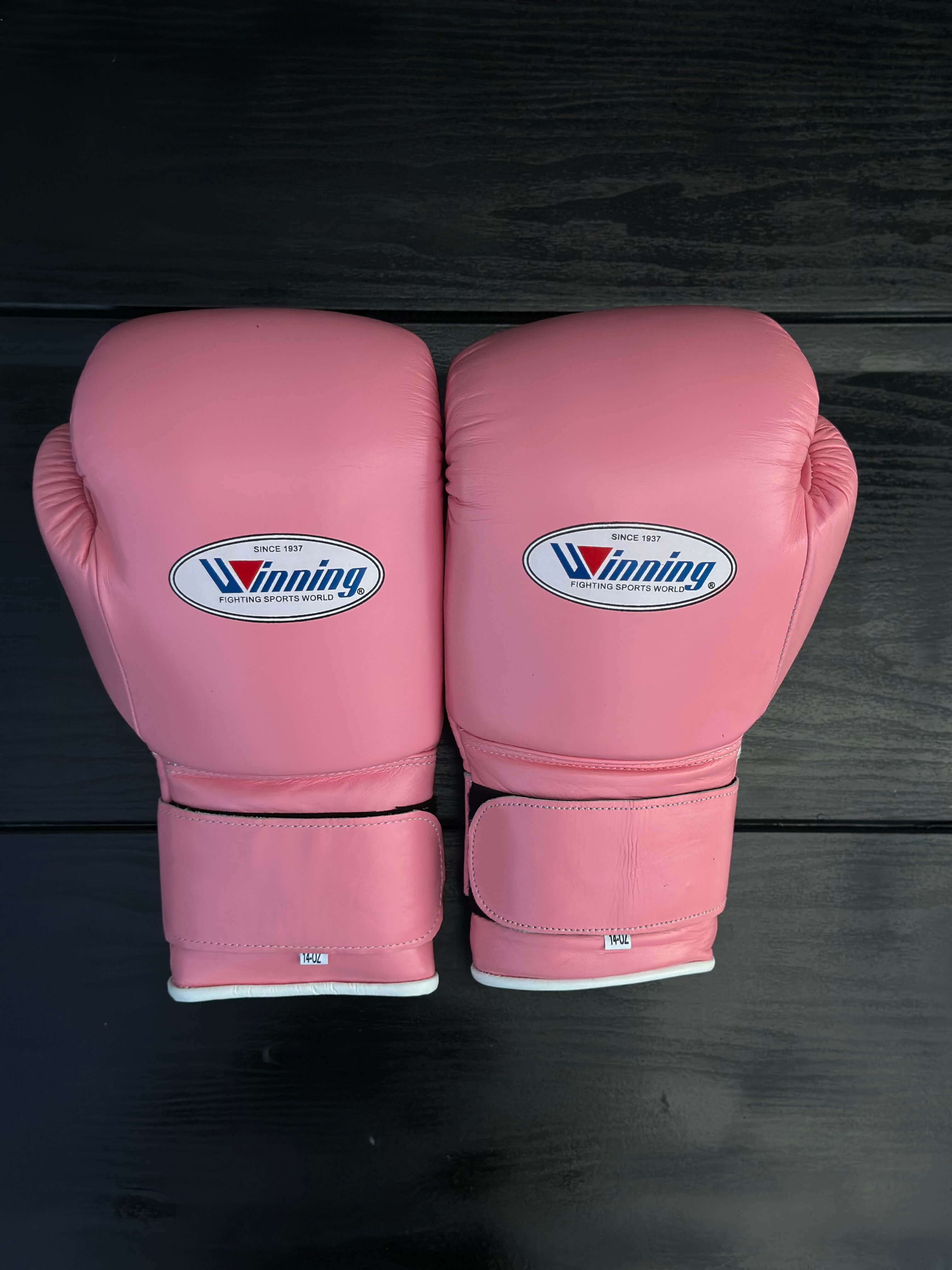 winning boxing gloves pink velcro back view premium leather professional training gloves
