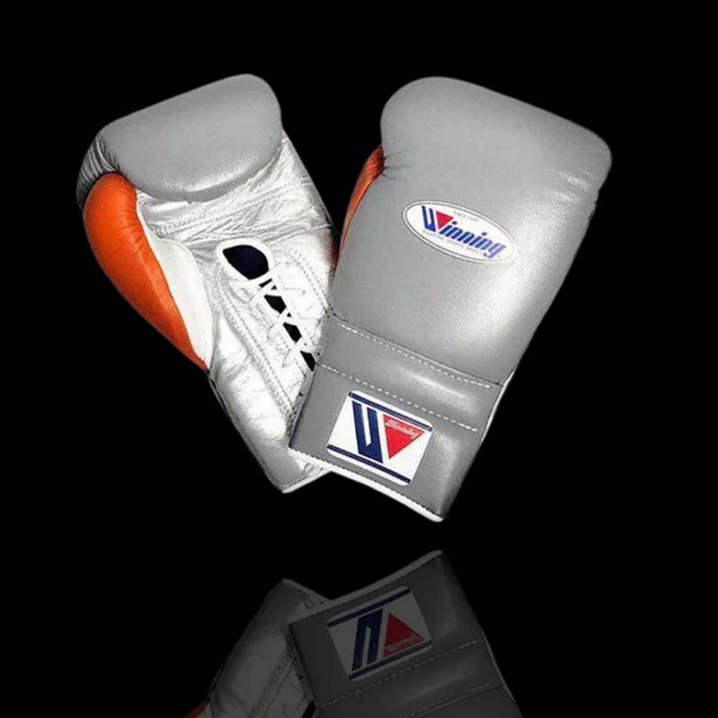 Winning Grey/Slver/Orange Lace-Up Boxing Gloves Classic Training Gloves Close View