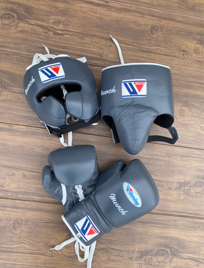 Winning boxing gloves set, Winning Dark Grey Boxing Gear, Winning Head Guard, Winning Groin Guard,