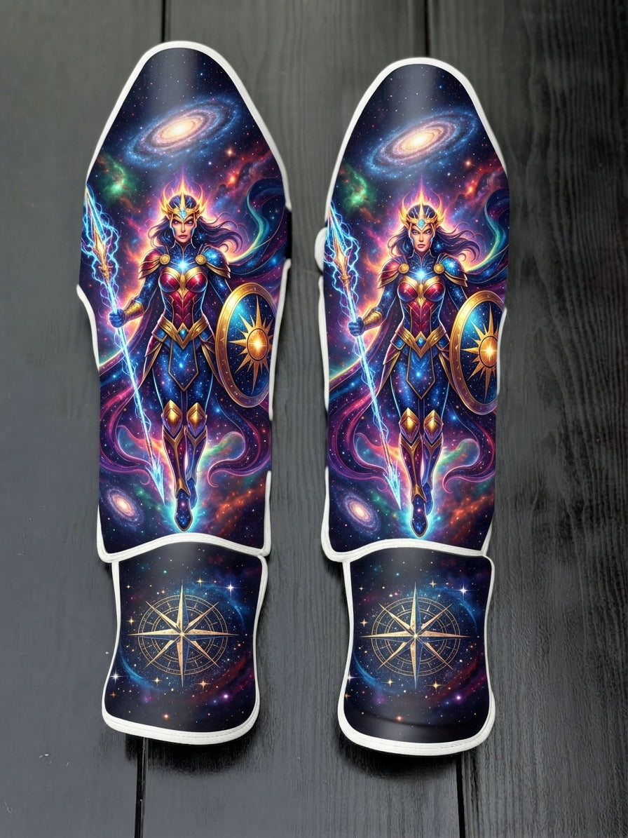 Custom Wonder Woman superhero design with cosmic armor, glowing spear, shield, nebula space background, and star compass emblem soccer shin guards displayed on a dark surface.